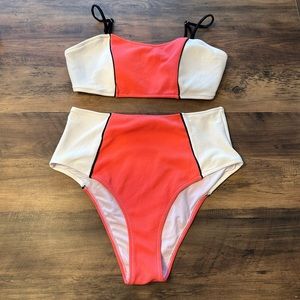 Cupshe Coral & White High-Waisted Bikini | Size L